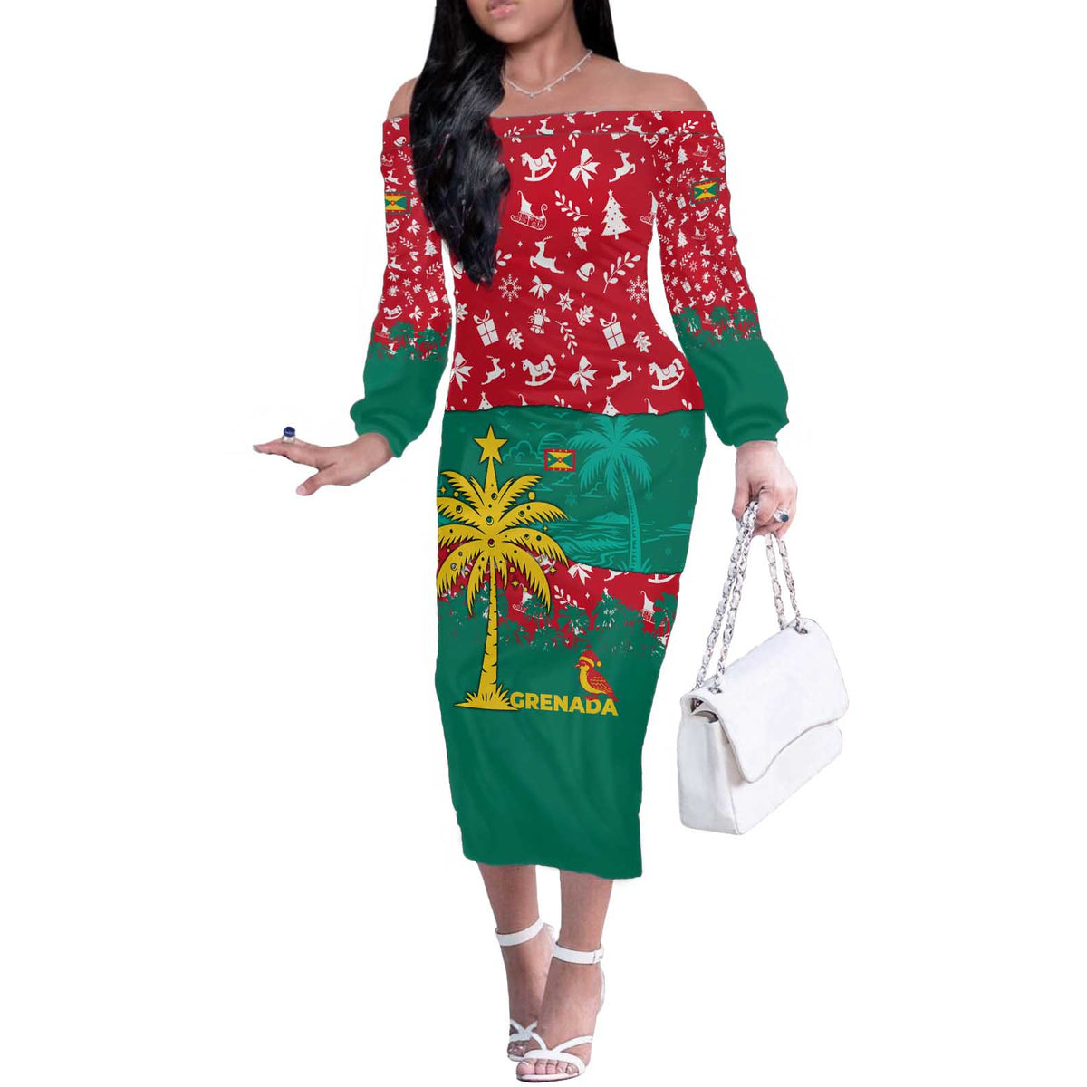 Grenada Christmas Off The Shoulder Long Sleeve Dress with Palm Tree Bird and Tropical Holiday Pattern Design - Wonder Print Shop