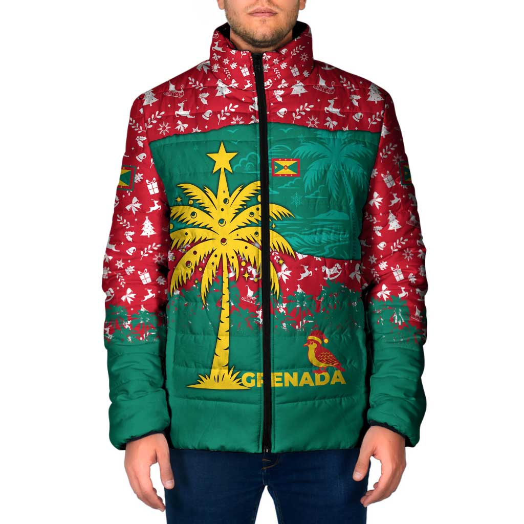 Grenada Christmas Padded Jacket with Palm Tree Bird and Tropical Holiday Pattern Design - Wonder Print Shop