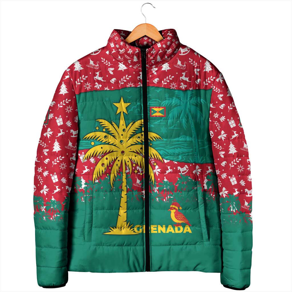 Grenada Christmas Padded Jacket with Palm Tree Bird and Tropical Holiday Pattern Design - Wonder Print Shop