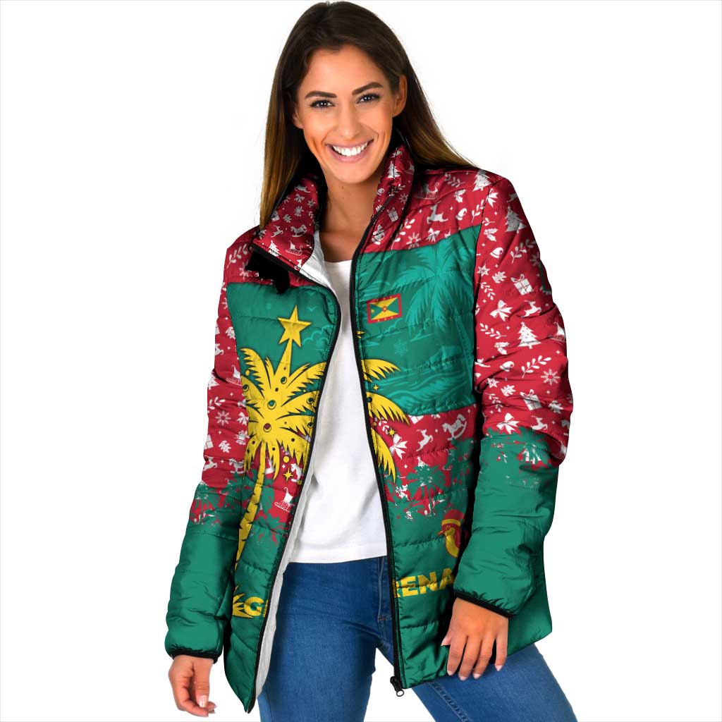 Grenada Christmas Padded Jacket with Palm Tree Bird and Tropical Holiday Pattern Design - Wonder Print Shop
