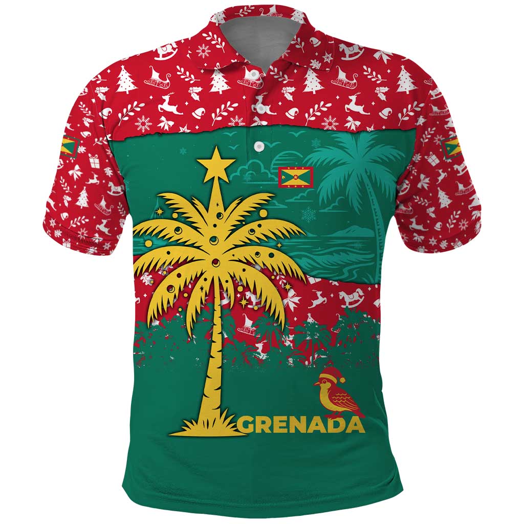 Grenada Christmas Polo Shirt with Palm Tree Bird and Tropical Holiday Pattern Design - Wonder Print Shop