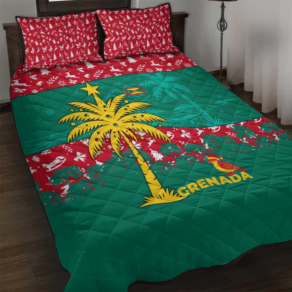 Grenada Christmas Quilt Bed Set with Palm Tree Bird and Tropical Holiday Pattern Design - Wonder Print Shop