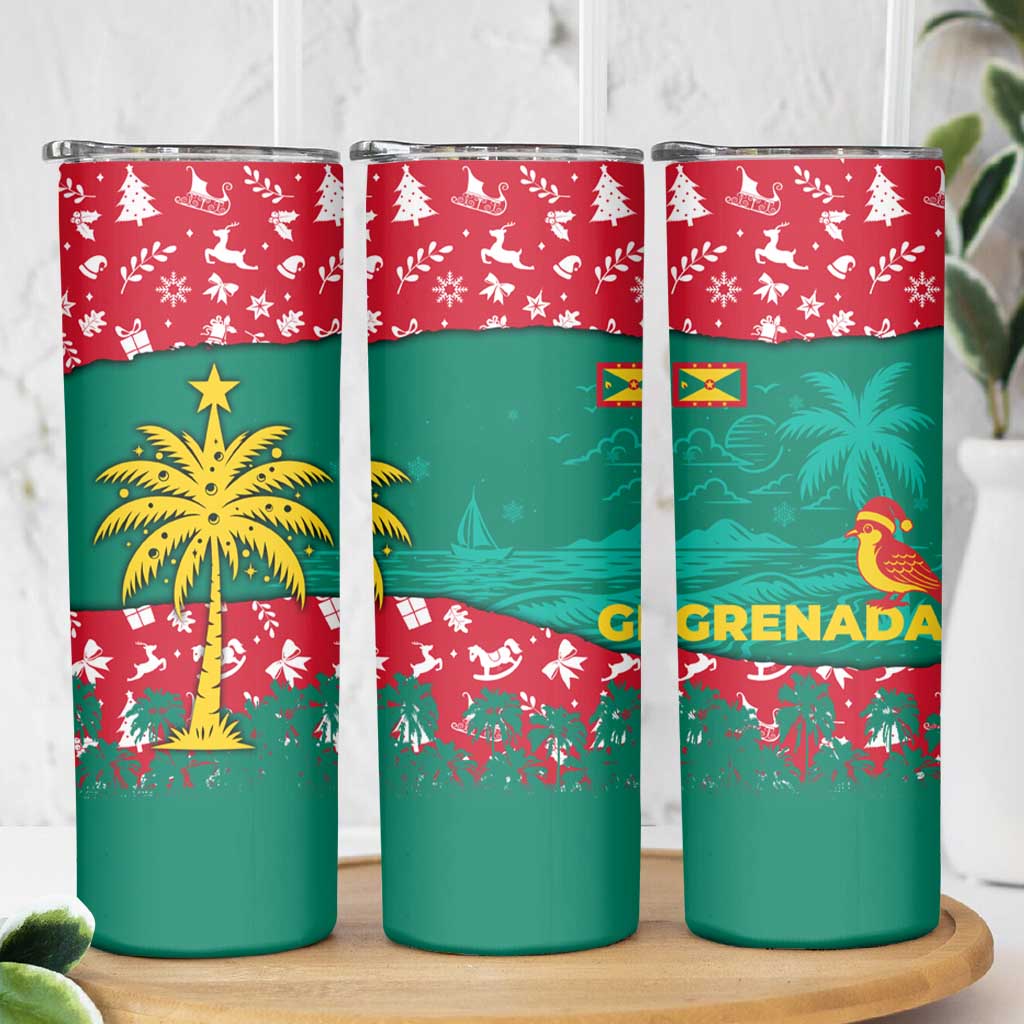 Grenada Christmas Skinny Tumbler with Palm Tree Bird and Tropical Holiday Pattern Design - Wonder Print Shop