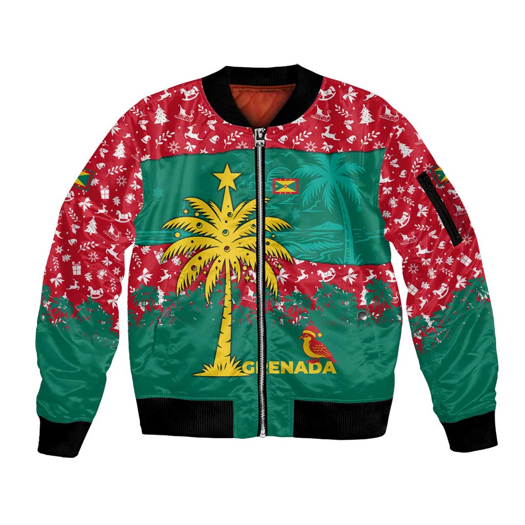 Grenada Christmas Sleeve Zip Bomber Jacket with Palm Tree Bird and Tropical Holiday Pattern Design - Wonder Print Shop