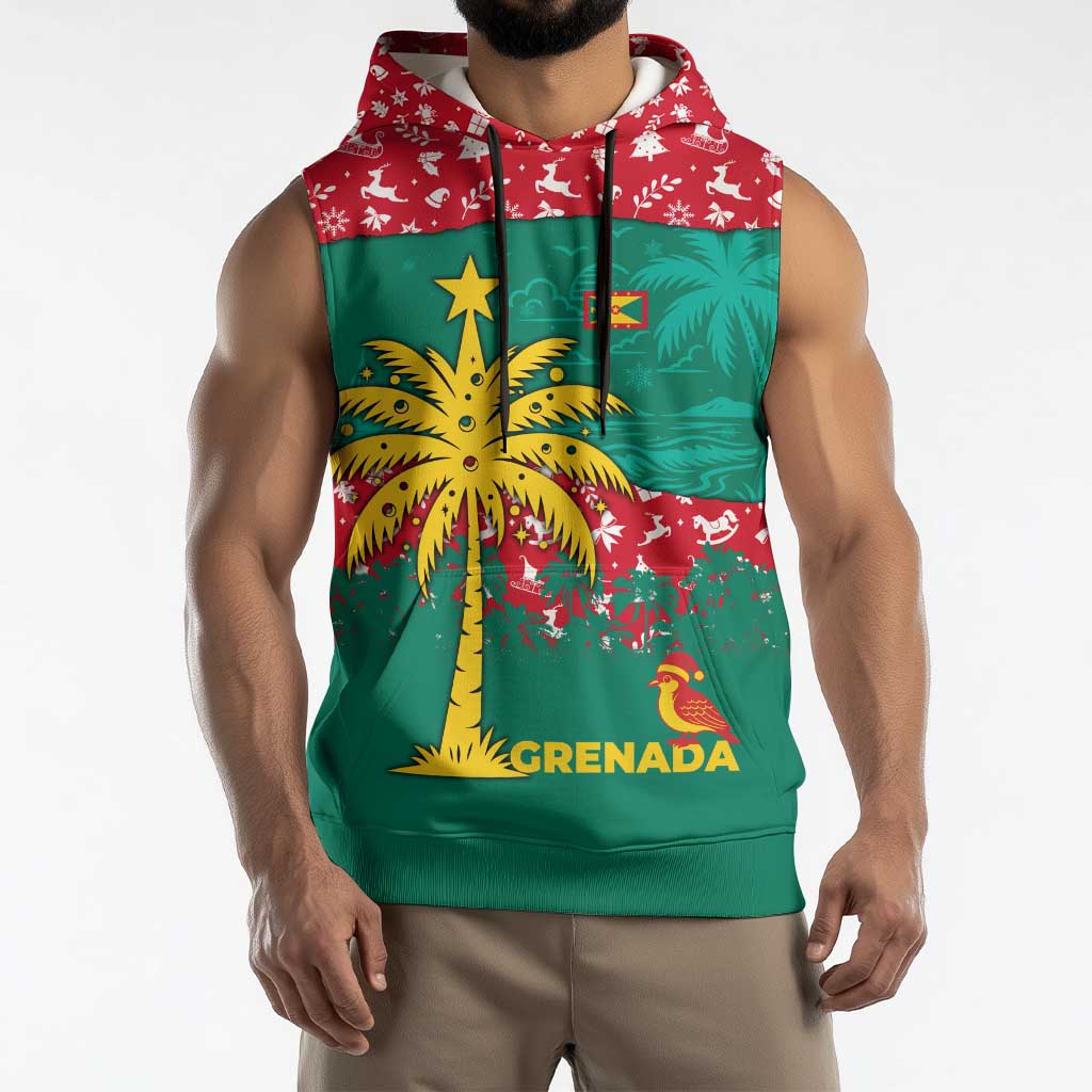 Grenada Christmas Sleeveless Hoodie with Palm Tree Bird and Tropical Holiday Pattern Design - Wonder Print Shop