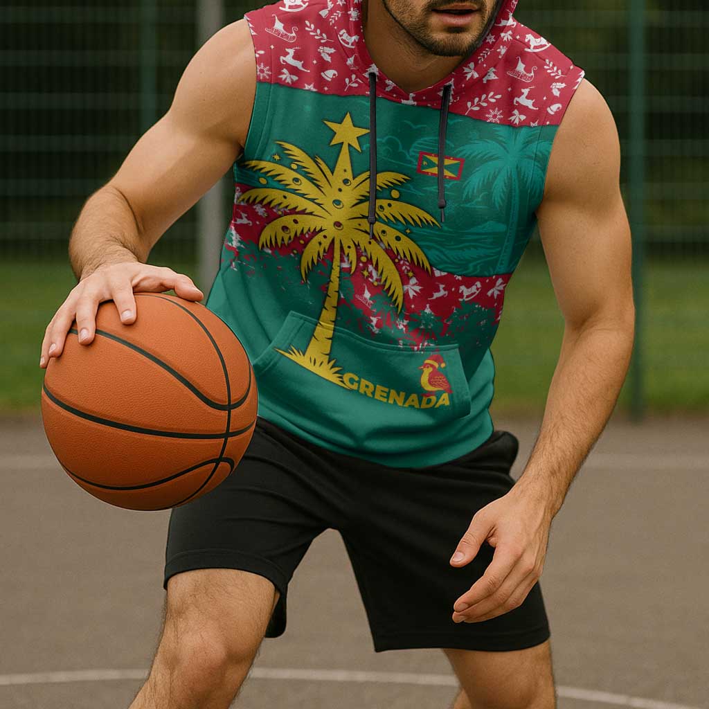 Grenada Christmas Sleeveless Hoodie with Palm Tree Bird and Tropical Holiday Pattern Design - Wonder Print Shop