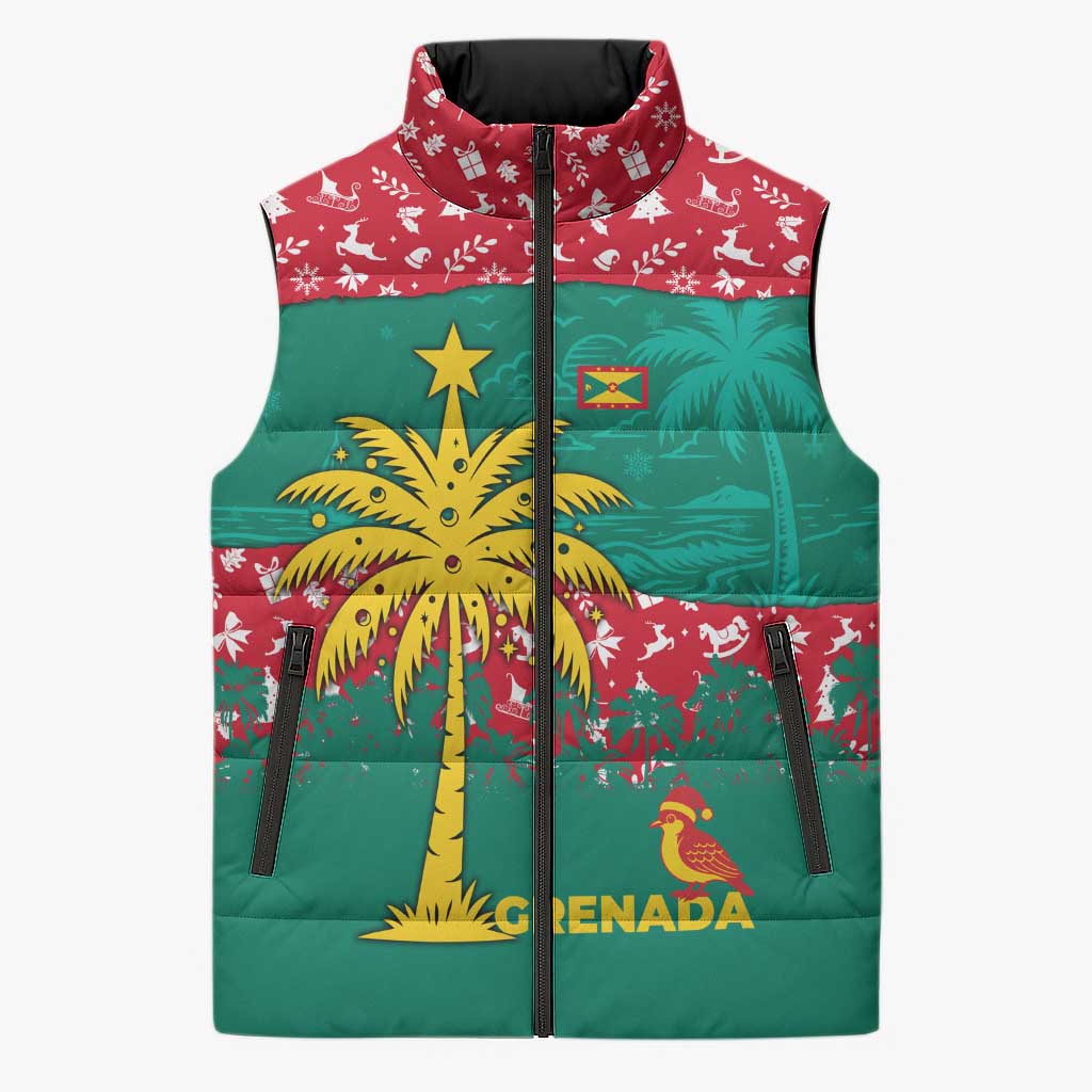 Grenada Christmas Sleeveless Puffer Jacket with Palm Tree Bird and Tropical Holiday Pattern Design - Wonder Print Shop