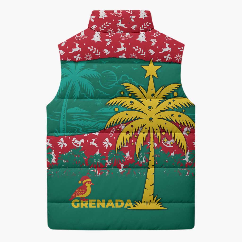 Grenada Christmas Sleeveless Puffer Jacket with Palm Tree Bird and Tropical Holiday Pattern Design - Wonder Print Shop
