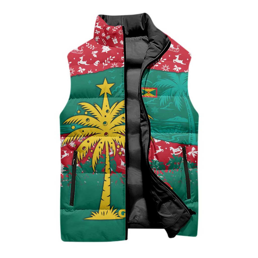 Grenada Christmas Sleeveless Puffer Jacket with Palm Tree Bird and Tropical Holiday Pattern Design - Wonder Print Shop