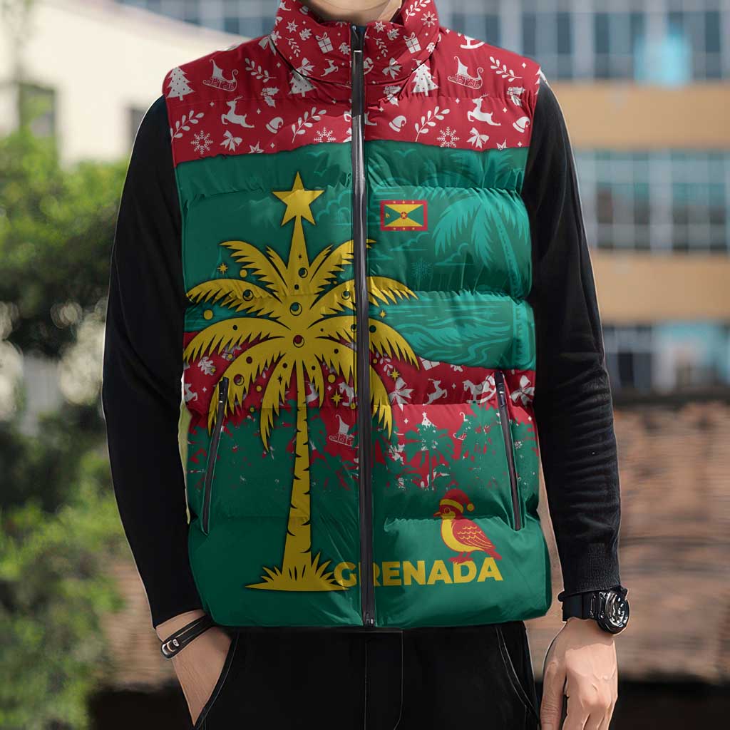 Grenada Christmas Sleeveless Puffer Jacket with Palm Tree Bird and Tropical Holiday Pattern Design - Wonder Print Shop