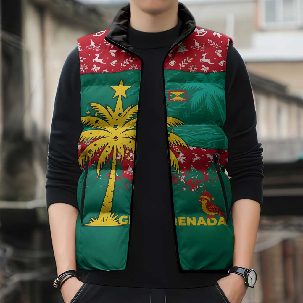 Grenada Christmas Sleeveless Puffer Jacket with Palm Tree Bird and Tropical Holiday Pattern Design - Wonder Print Shop