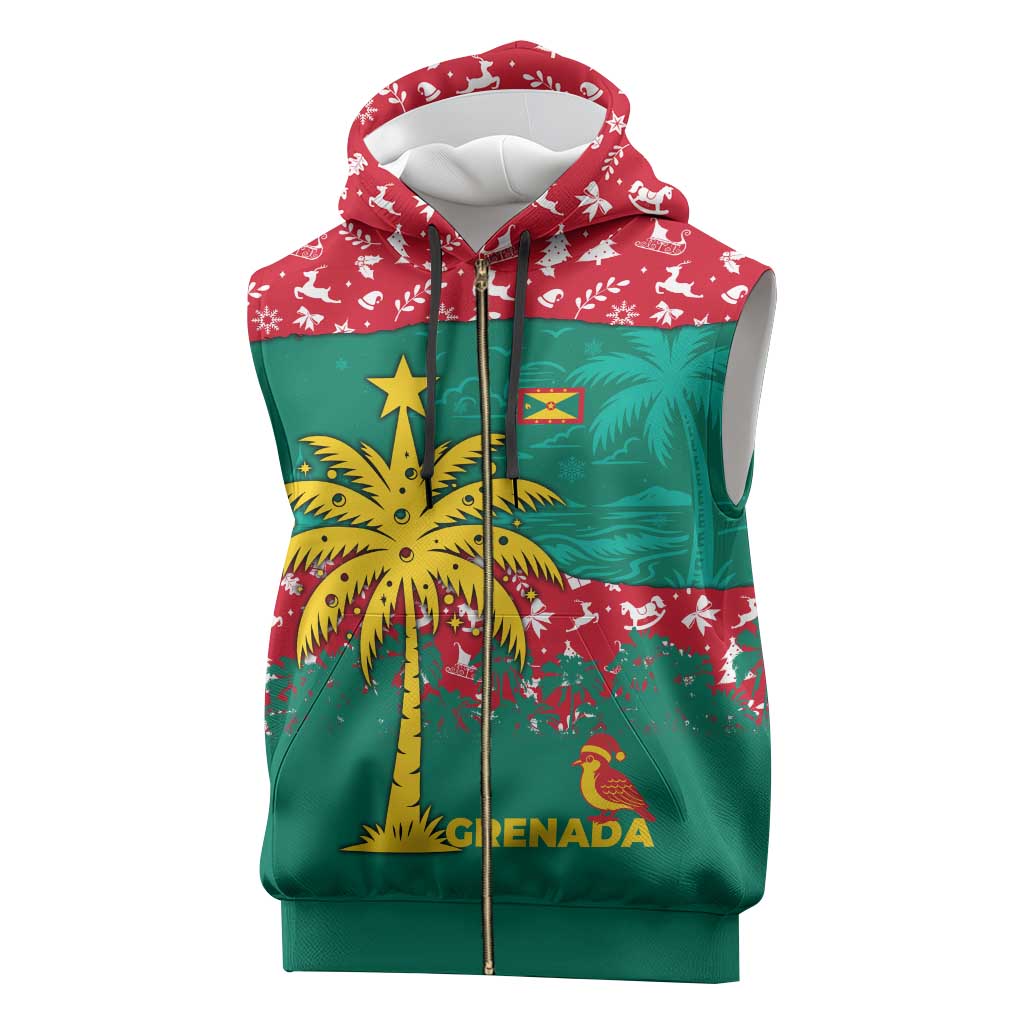 Grenada Christmas Sleeveless Zip Hoodie with Palm Tree Bird and Tropical Holiday Pattern Design - Wonder Print Shop