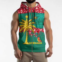 Grenada Christmas Sleeveless Zip Hoodie with Palm Tree Bird and Tropical Holiday Pattern Design - Wonder Print Shop