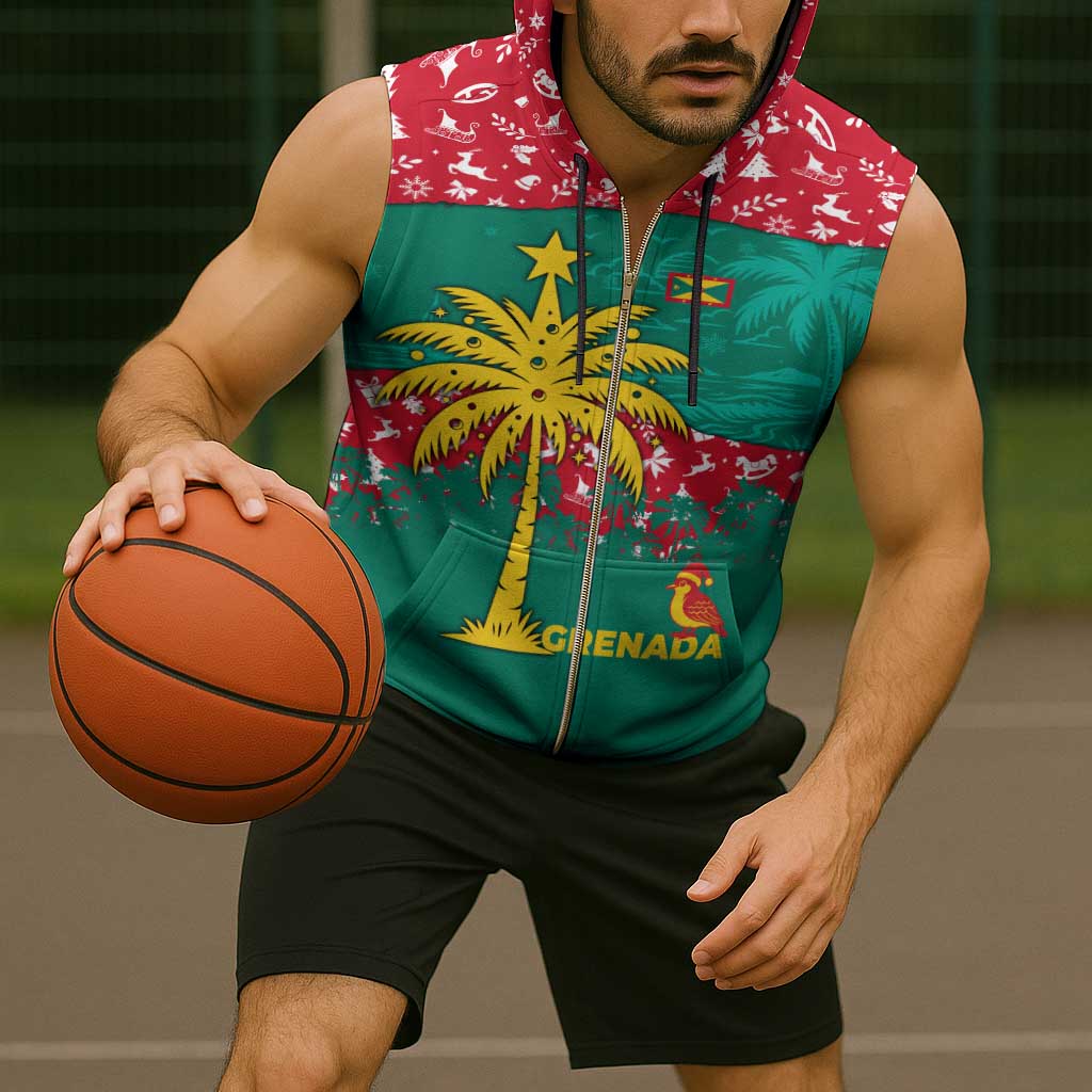 Grenada Christmas Sleeveless Zip Hoodie with Palm Tree Bird and Tropical Holiday Pattern Design - Wonder Print Shop