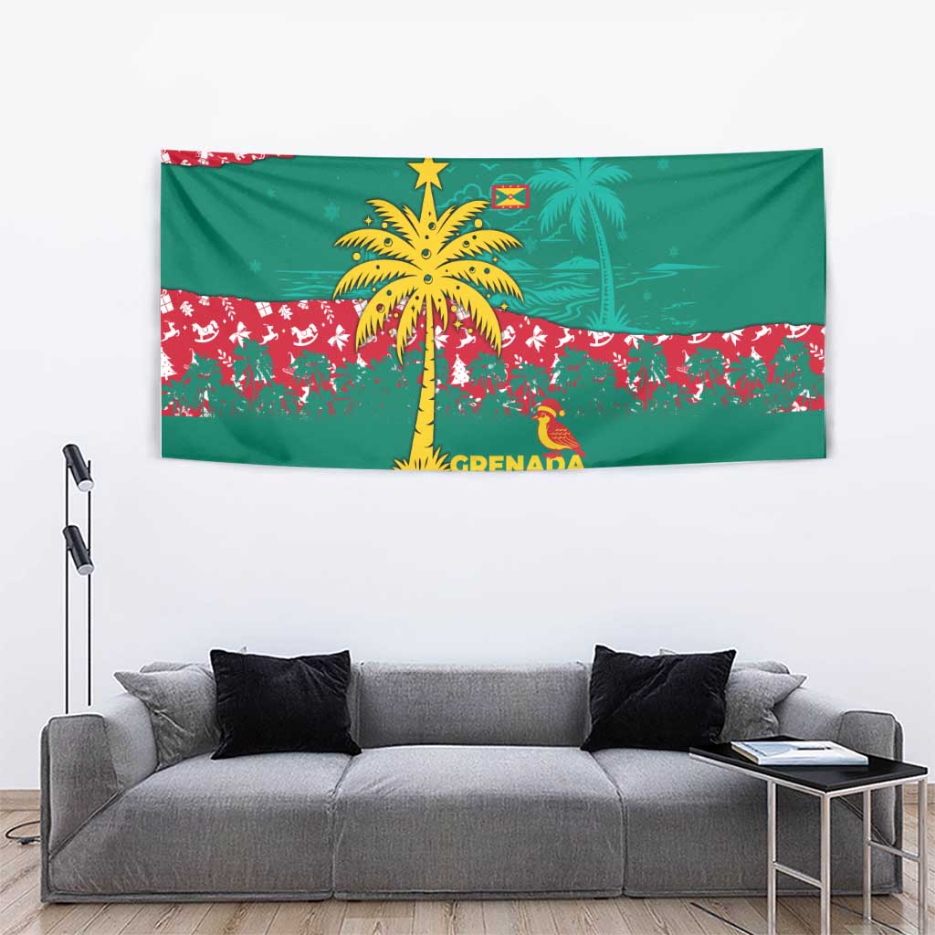 Grenada Christmas Tapestry with Palm Tree Bird and Tropical Holiday Pattern Design - Wonder Print Shop