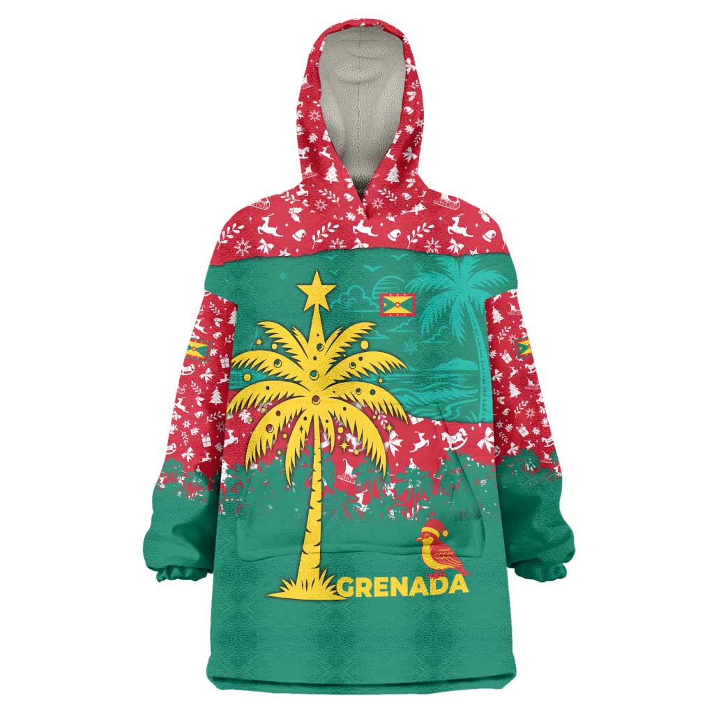 Grenada Christmas Wearable Blanket Hoodie with Palm Tree Bird and Tropical Holiday Pattern Design - Wonder Print Shop
