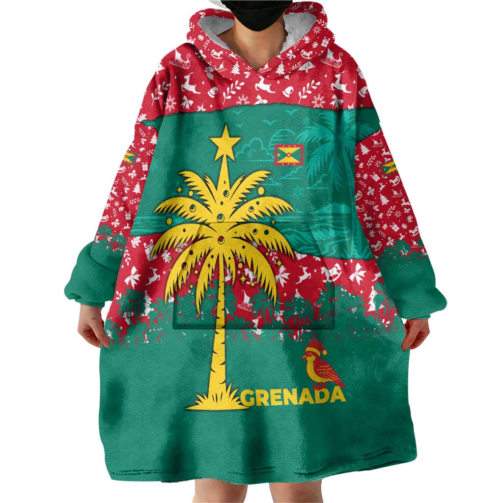 Grenada Christmas Wearable Blanket Hoodie with Palm Tree Bird and Tropical Holiday Pattern Design - Wonder Print Shop