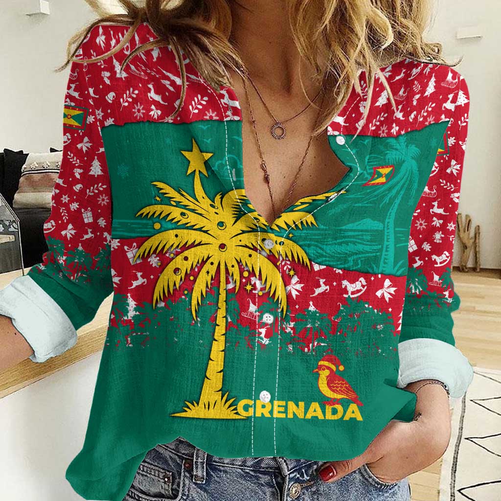 Grenada Christmas Women Casual Shirt with Palm Tree Bird and Tropical Holiday Pattern Design - Wonder Print Shop