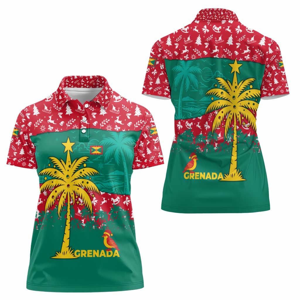 Grenada Christmas Women Polo Shirt with Palm Tree Bird and Tropical Holiday Pattern Design - Wonder Print Shop