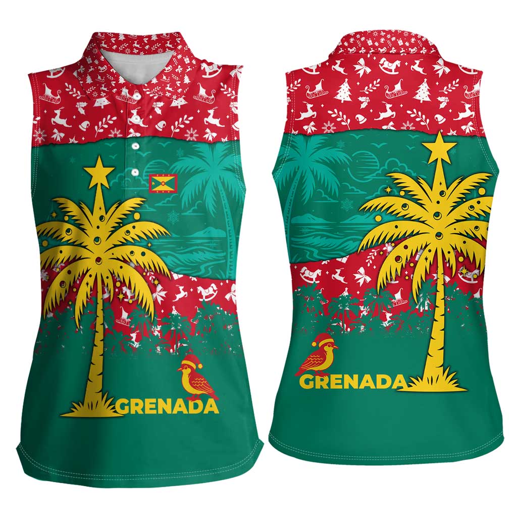 Grenada Christmas Women Sleeveless Polo Shirt with Palm Tree Bird and Tropical Holiday Pattern Design - Wonder Print Shop
