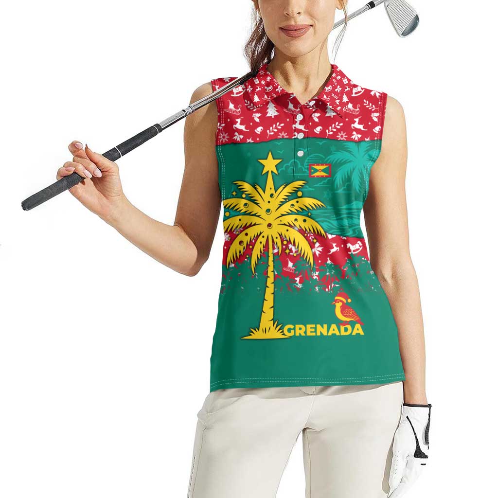 Grenada Christmas Women Sleeveless Polo Shirt with Palm Tree Bird and Tropical Holiday Pattern Design - Wonder Print Shop