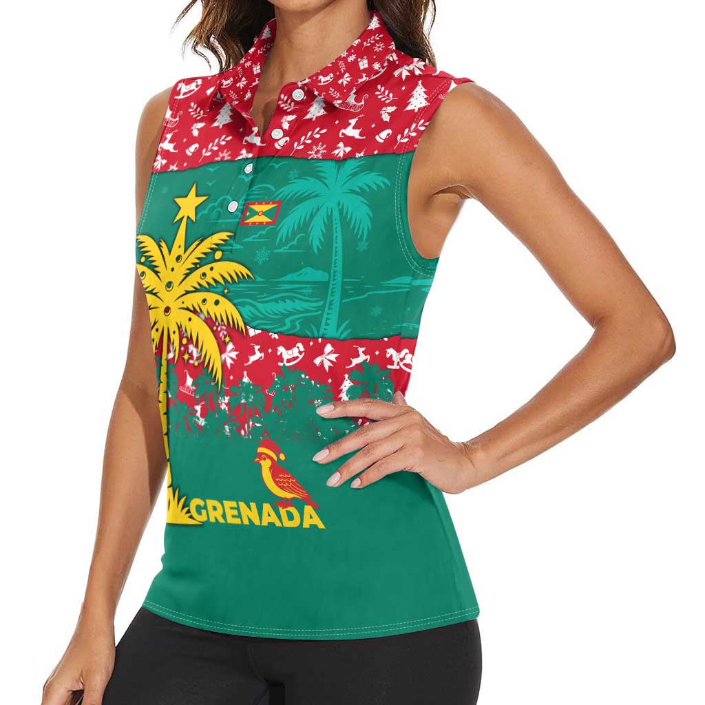 Grenada Christmas Women Sleeveless Polo Shirt with Palm Tree Bird and Tropical Holiday Pattern Design - Wonder Print Shop