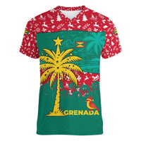 Grenada Christmas Women V-Neck T-Shirt with Palm Tree Bird and Tropical Holiday Pattern Design - Wonder Print Shop