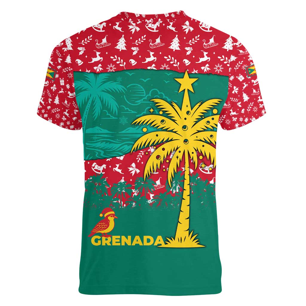 Grenada Christmas Women V-Neck T-Shirt with Palm Tree Bird and Tropical Holiday Pattern Design - Wonder Print Shop