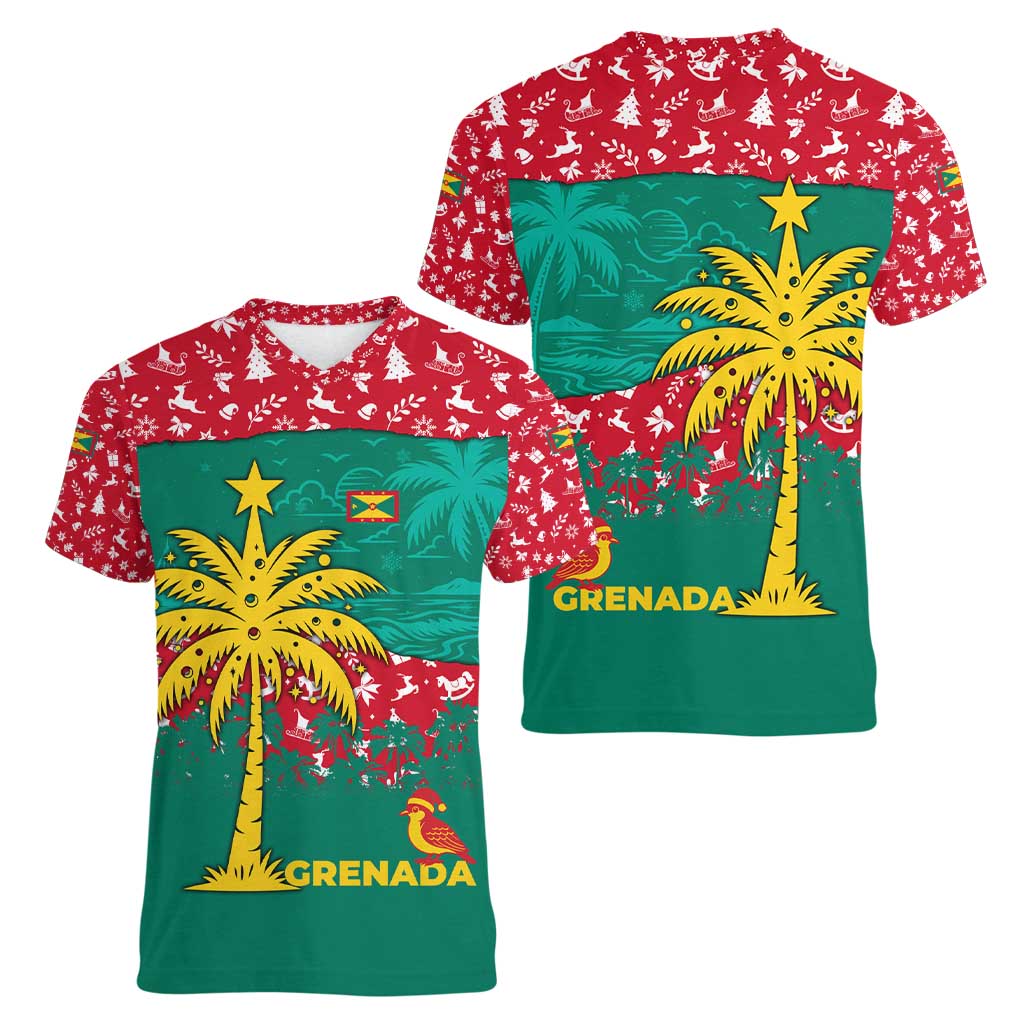 Grenada Christmas Women V-Neck T-Shirt with Palm Tree Bird and Tropical Holiday Pattern Design - Wonder Print Shop