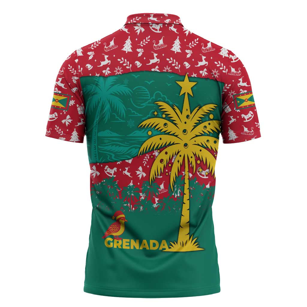 Grenada Christmas Zipper Polo Shirt with Palm Tree Bird and Tropical Holiday Pattern Design - Wonder Print Shop