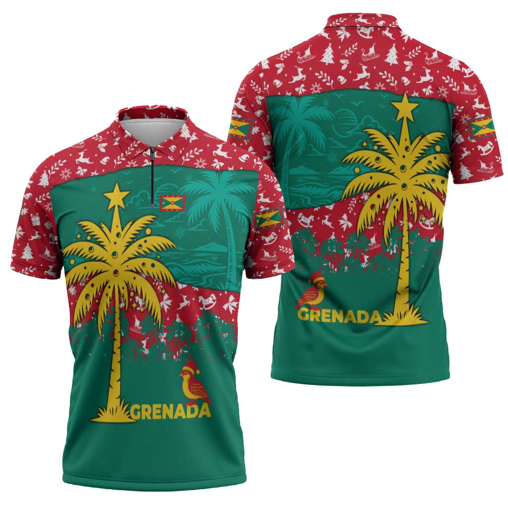 Grenada Christmas Zipper Polo Shirt with Palm Tree Bird and Tropical Holiday Pattern Design - Wonder Print Shop