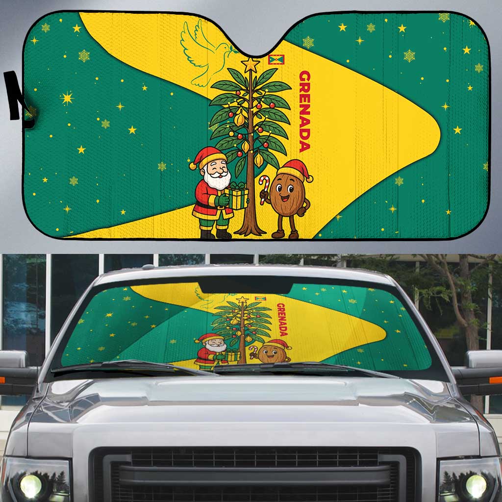 Grenada Christmas Auto Sun Shade with Santa Nutmeg Tree Peace Dove and Festive Gift Design - Wonder Print Shop