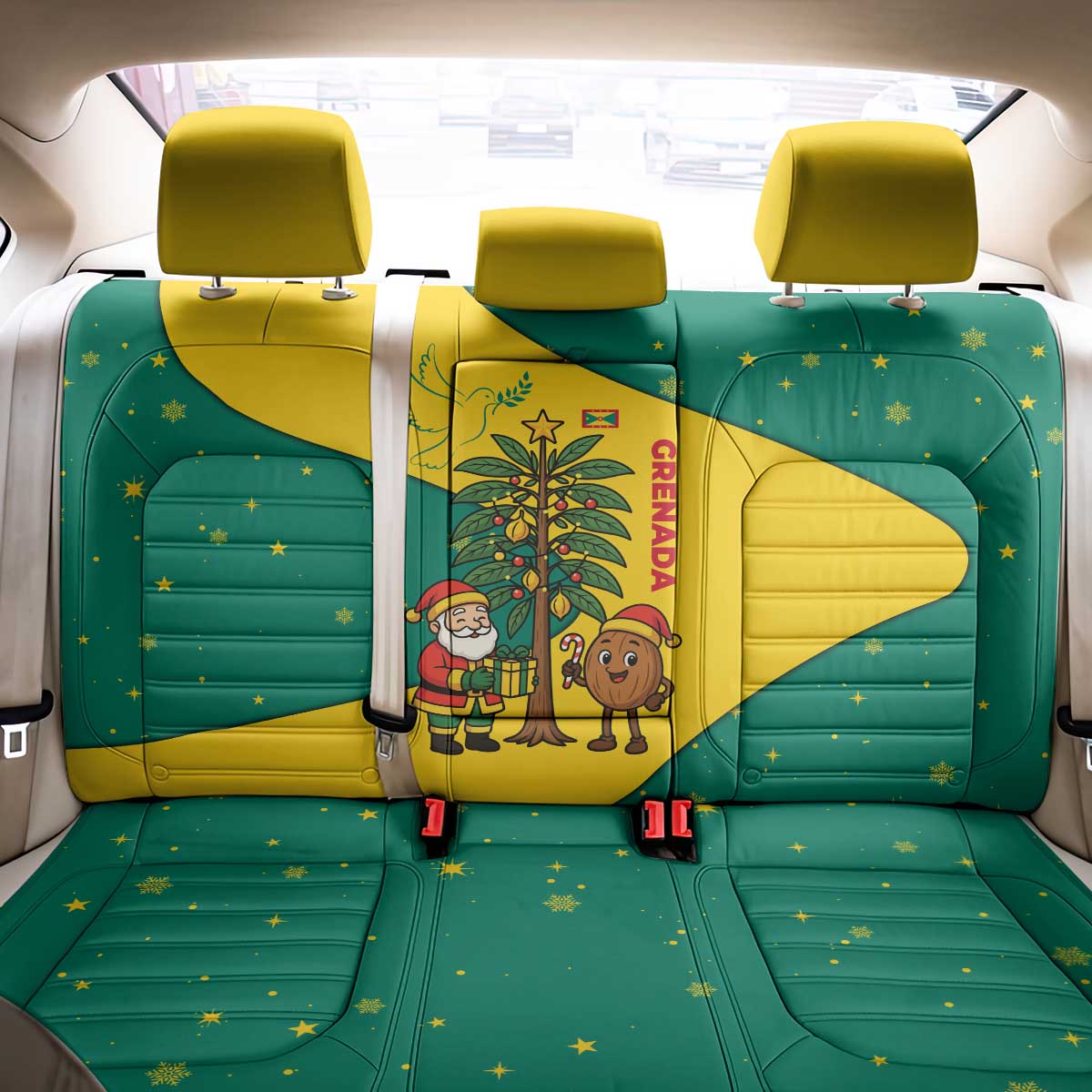 Grenada Christmas Back Car Seat Cover with Santa Nutmeg Tree Peace Dove and Festive Gift Design - Wonder Print Shop