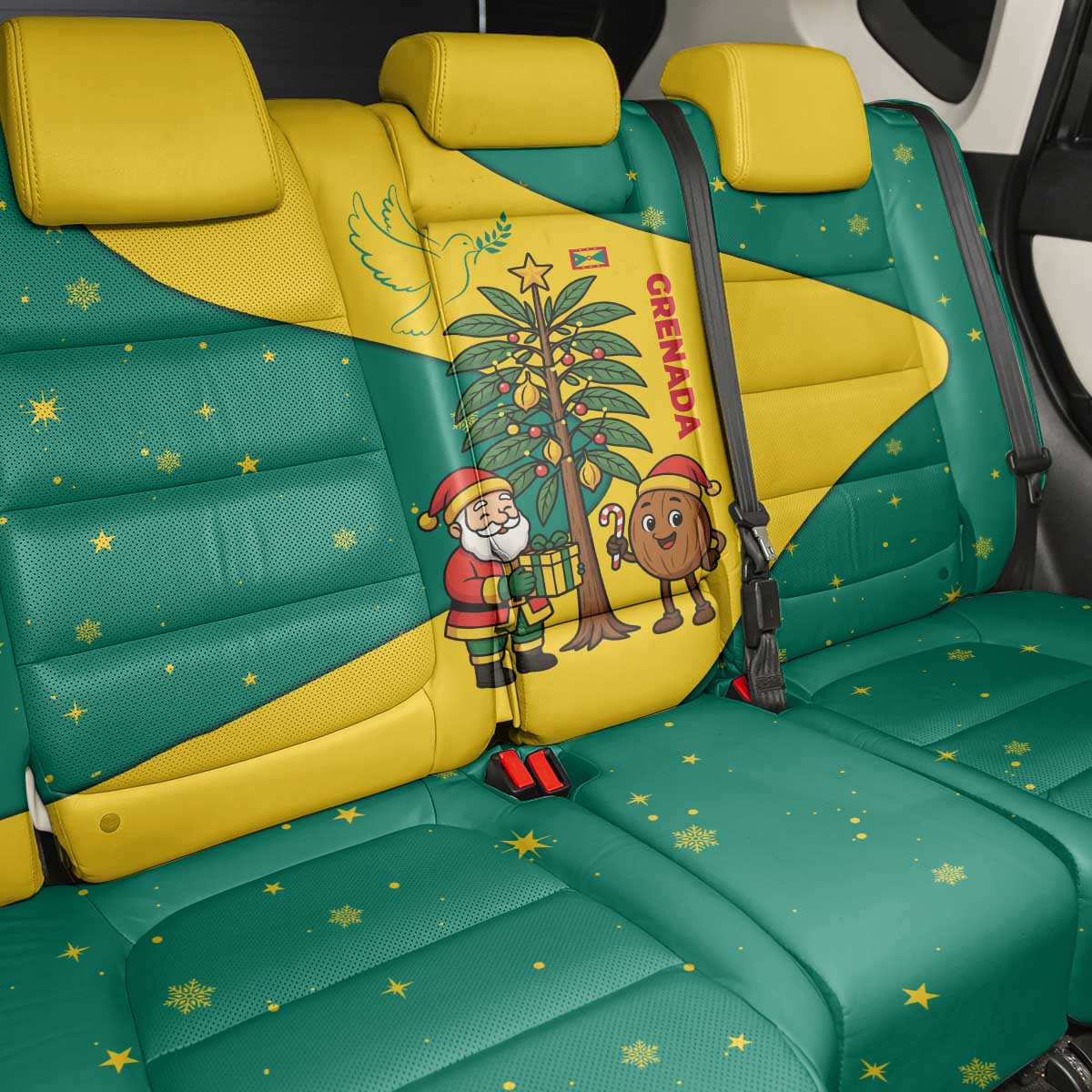 Grenada Christmas Back Car Seat Cover with Santa Nutmeg Tree Peace Dove and Festive Gift Design - Wonder Print Shop