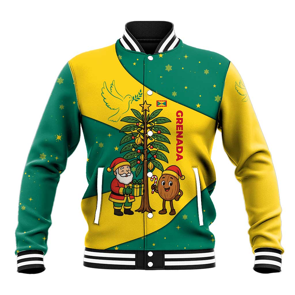 Grenada Christmas Baseball Jacket with Santa Nutmeg Tree Peace Dove and Festive Gift Design - Wonder Print Shop
