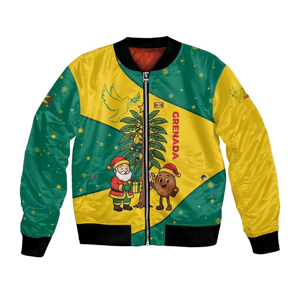 Grenada Christmas Bomber Jacket with Santa Nutmeg Tree Peace Dove and Festive Gift Design - Wonder Print Shop