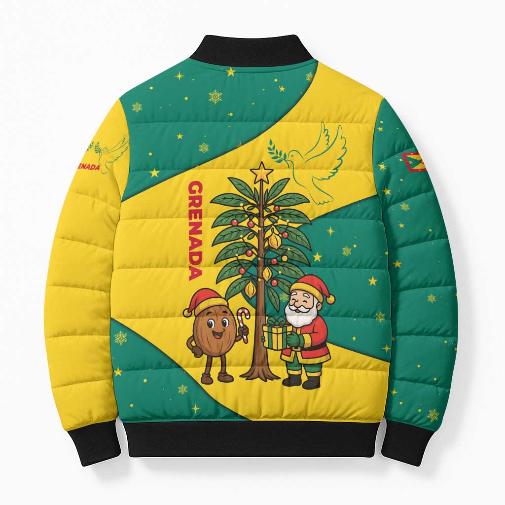 Grenada Christmas Bomber Puffer Jacket with Santa Nutmeg Tree Peace Dove and Festive Gift Design - Wonder Print Shop