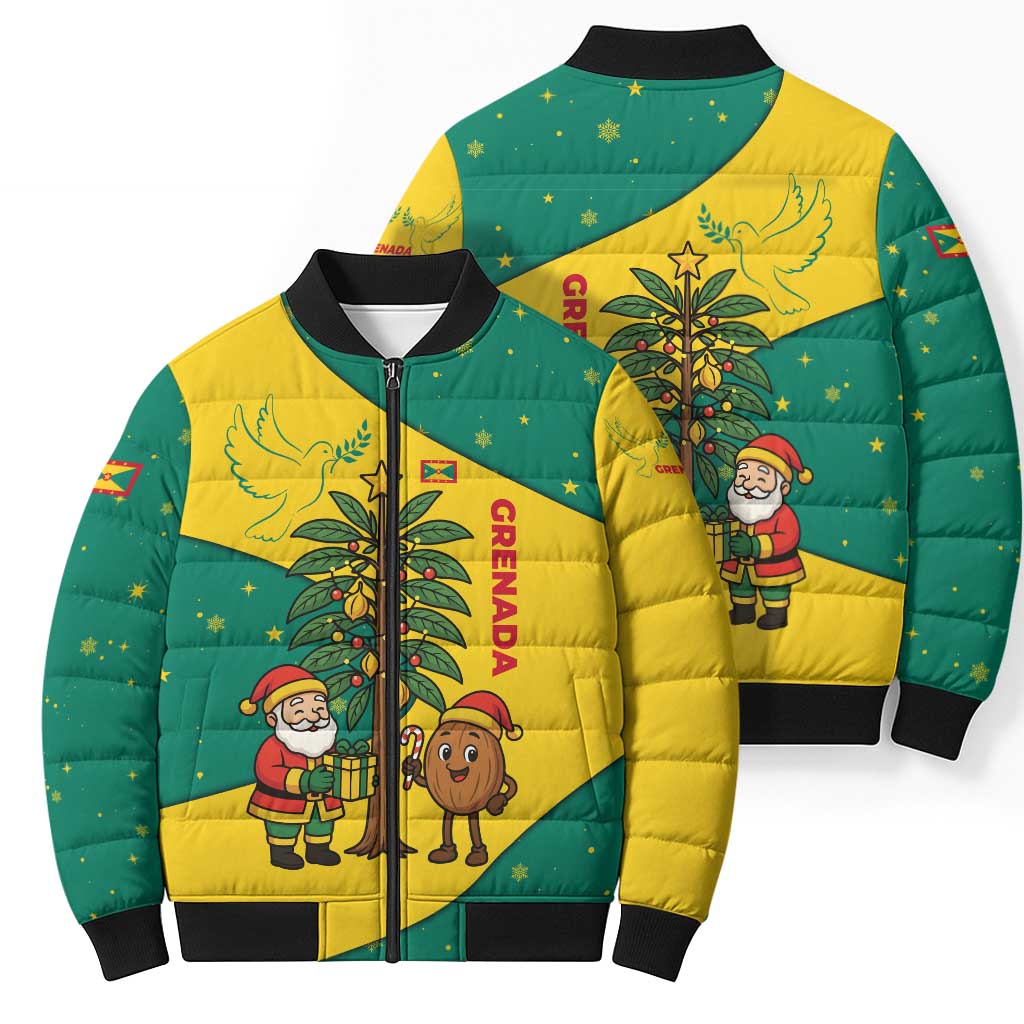 Grenada Christmas Bomber Puffer Jacket with Santa Nutmeg Tree Peace Dove and Festive Gift Design - Wonder Print Shop