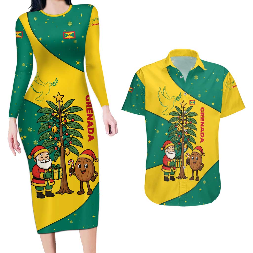 Grenada Christmas Couples Matching Long Sleeve Bodycon Dress and Hawaiian Shirt with Santa Nutmeg Tree Peace Dove and Festive Gift Design - Wonder Print Shop