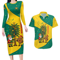 Grenada Christmas Couples Matching Long Sleeve Bodycon Dress and Hawaiian Shirt with Santa Nutmeg Tree Peace Dove and Festive Gift Design - Wonder Print Shop
