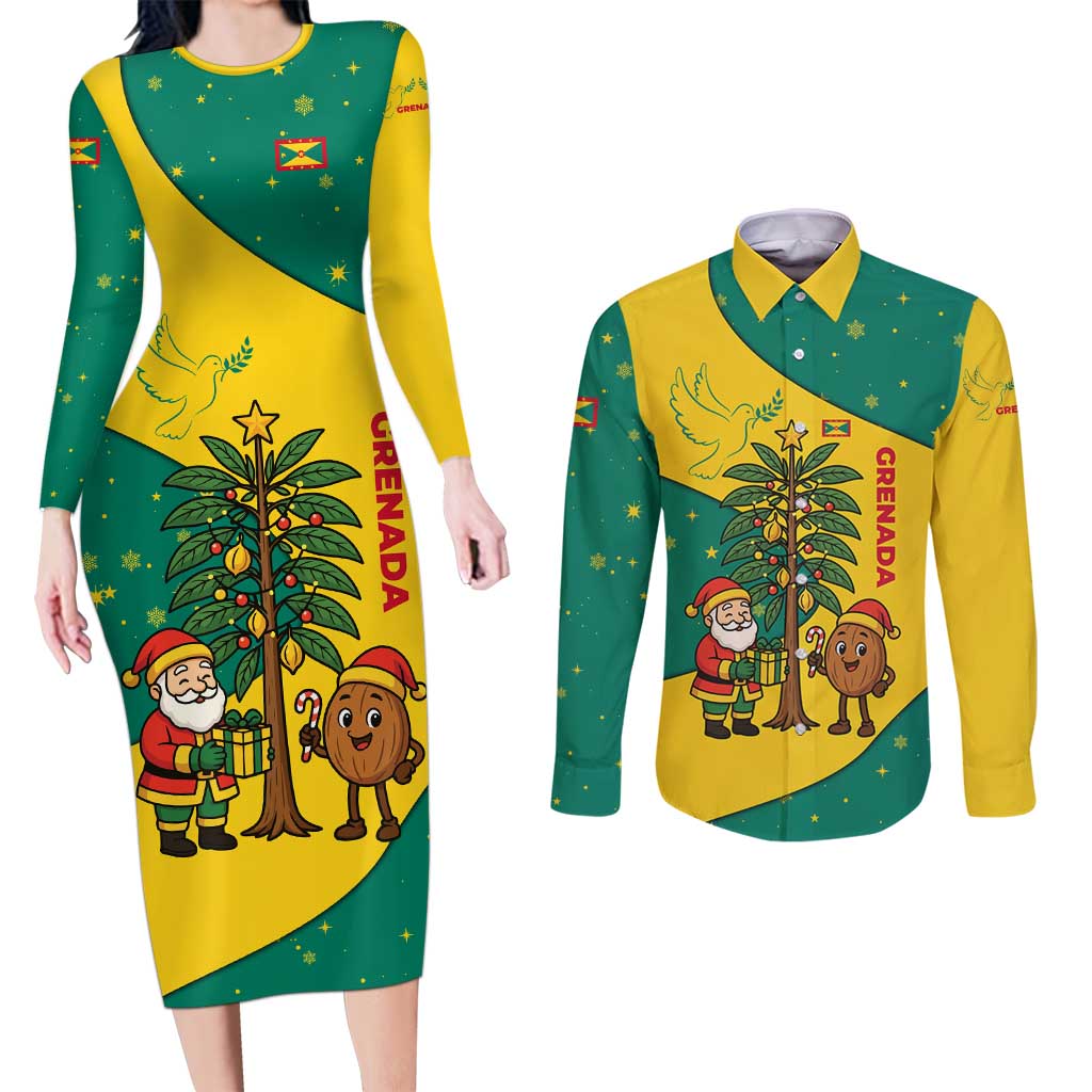 Grenada Christmas Couples Matching Long Sleeve Bodycon Dress and Long Sleeve Button Shirt with Santa Nutmeg Tree Peace Dove and Festive Gift Design - Wonder Print Shop
