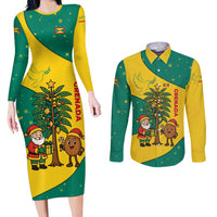 Grenada Christmas Couples Matching Long Sleeve Bodycon Dress and Long Sleeve Button Shirt with Santa Nutmeg Tree Peace Dove and Festive Gift Design - Wonder Print Shop