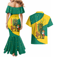 Grenada Christmas Couples Matching Mermaid Dress and Hawaiian Shirt with Santa Nutmeg Tree Peace Dove and Festive Gift Design - Wonder Print Shop
