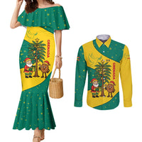 Grenada Christmas Couples Matching Mermaid Dress and Long Sleeve Button Shirt with Santa Nutmeg Tree Peace Dove and Festive Gift Design - Wonder Print Shop