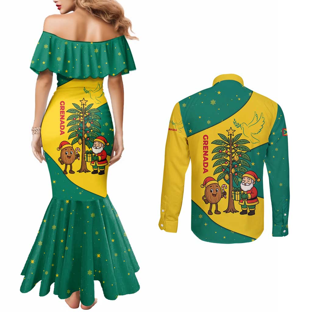 Grenada Christmas Couples Matching Mermaid Dress and Long Sleeve Button Shirt with Santa Nutmeg Tree Peace Dove and Festive Gift Design - Wonder Print Shop