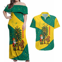 Grenada Christmas Couples Matching Off Shoulder Maxi Dress and Hawaiian Shirt with Santa Nutmeg Tree Peace Dove and Festive Gift Design - Wonder Print Shop