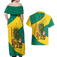 Grenada Christmas Couples Matching Off Shoulder Maxi Dress and Hawaiian Shirt with Santa Nutmeg Tree Peace Dove and Festive Gift Design - Wonder Print Shop