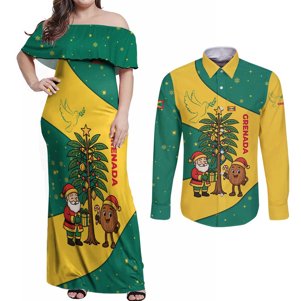 Grenada Christmas Couples Matching Off Shoulder Maxi Dress and Long Sleeve Button Shirt with Santa Nutmeg Tree Peace Dove and Festive Gift Design - Wonder Print Shop