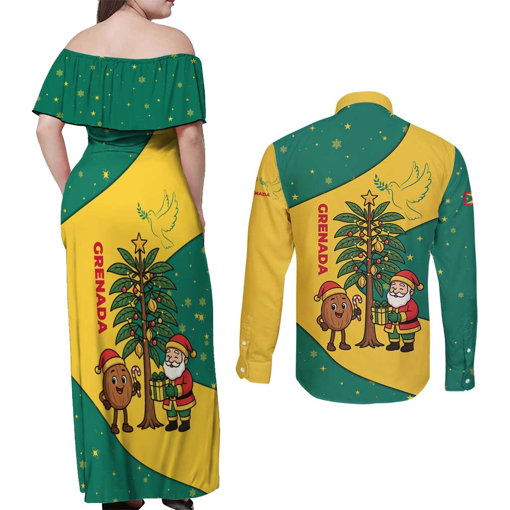 Grenada Christmas Couples Matching Off Shoulder Maxi Dress and Long Sleeve Button Shirt with Santa Nutmeg Tree Peace Dove and Festive Gift Design - Wonder Print Shop