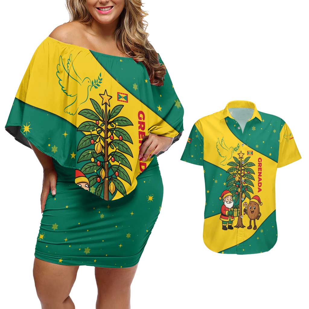 Grenada Christmas Couples Matching Off Shoulder Short Dress and Hawaiian Shirt with Santa Nutmeg Tree Peace Dove and Festive Gift Design - Wonder Print Shop